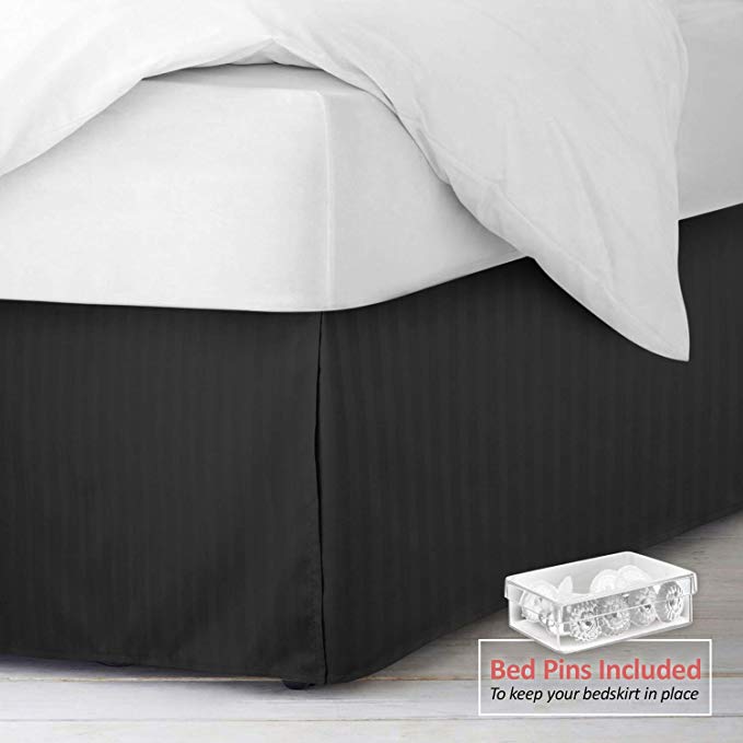 Nestl Bedding Pleated Bed Skirt - Damask Dobby Stripe Bed Skirt - Luxury Microfiber Dust Ruffle - 14” Tailored Drop - Bonus Bed Skirt Pins Set of 8 Included - Queen, Black