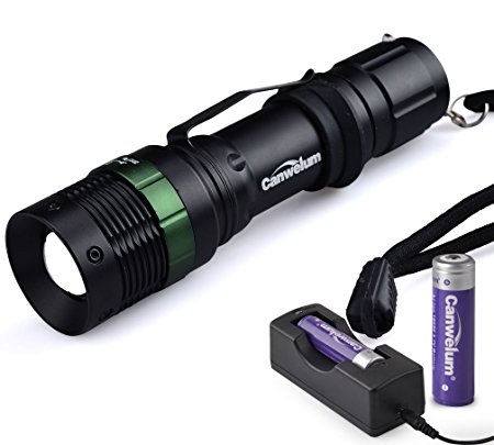 Canwelum Zoom Cree LED Flashlight with 3-mode High Beam, Low Beam, and Strobe Light, Compact Zoomable LED Flash Light (A Complete Set with Battery & Charger: Bigger Battery Power Capacity & with Protective Board)