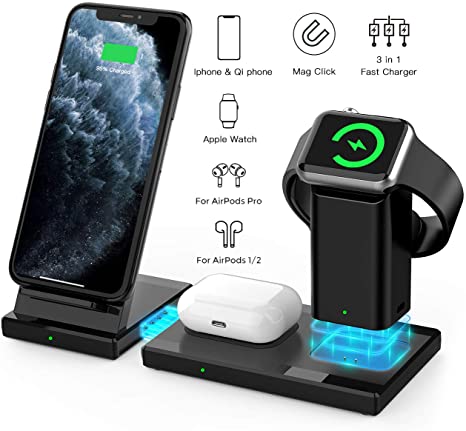 Wireless Charger, WisFox 3 in 1 Charging Stations for Apple Watch, Airpods, Detachable and Magnetic Wireless Charging Stand for iPhone 11/11 Pro Max/X/XS/XR/Xs Max/8/8 Plus and Other Qi Phones