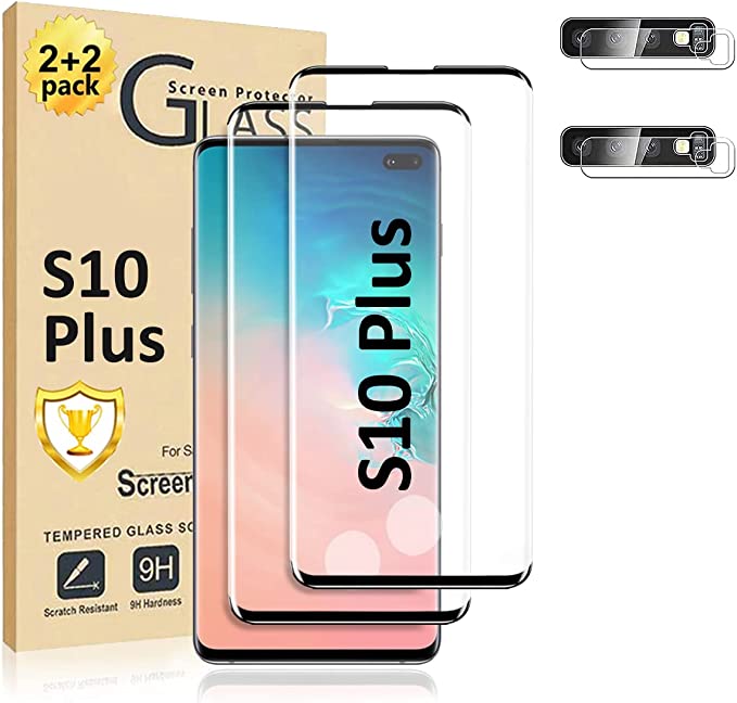 Galaxy S10  Plus Screen Protector 【2 2 Pack】 With Camera Lens Protector [ 3D Glass ] Compatible Fingerprint Easy Installation 9H Tempered Glass Screen Protector for Samsung Galaxy S10 Plus