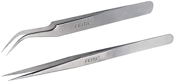 Best Eyelash Extension Tweezer Set - FEITA Pro Straight & Curved Pointy Precision Fine Tip Tweezers for Lash Extensions - Silver - 2Pcs