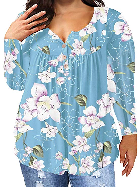 Fadalo Women's Plus Size Floral Printed Henley Shirt Long Sleeve Buttons Up Tops