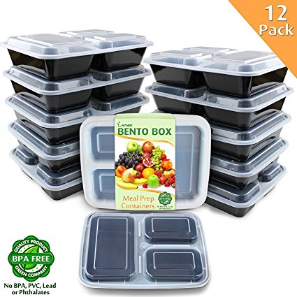 Enther Meal Prep Containers [12 Pack] 3 Compartment with Lids, Food Storage Bento Box | BPA Free | Stackable | Reusable Lunch Boxes, Microwave/Dishwasher/Freezer Safe,Portion Control (36 oz)