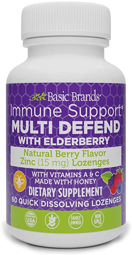 Basic Brands Multi Defend Elderberry Zinc Lozenge, Immune Support, Vitamins A and C, Natural, 60 Count (Pack of 1)