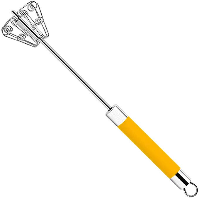 Regilt Stainless Steel Hand Push Rotating Whisk Multipurpose Kitchen Utensils Egg Beater for Kitchen Restaurant Bakery(12.6") (Yellow)