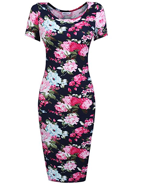 Hotouch Womens Floral Sweetheart Scoop Neck Short Sleeve Midi Pencil Slim Dress