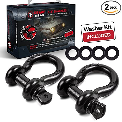 USWAY GEAR 3/4’’ D-Ring Shackles (2-Pack) 57,000 Lbs Breaking Strength & 9,500 Lbs Working Load   4 Free Pcs Washer Kit Rings | Great For Vehicle Towing, Recovery, Stump Removal & More