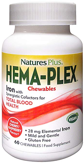 NaturesPlus Hema-Plex Chewables - 85 mg Elemental Iron, 60 Vegan Chewables - Mixed Berry Flavor - Total Blood Health - Gentle Formula - Vegetarian, Gluten-Free - 20 Servings