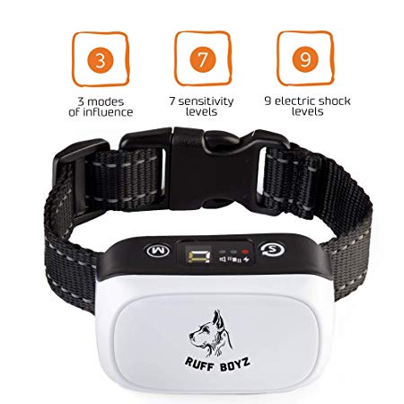 RUFF BOYZ New2019 Humane Bark Collar for Small Medium Large Dogs | Rechargeable Dog Bark Collar | 3 Modes of Influence on The Dog Sound Warning Vibration Static Shock
