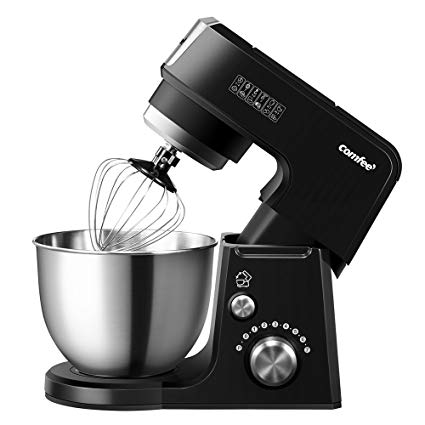 Comfee 2.6Qt Die Cast 7-in-1 Multi Function Tilt-Head Stand Mixer with SUS Mixing Bowl, Whisk, Hook, Beater, Splash Guard.4 Outlets, 7 Speeds & Pulse, 15 Minutes Timer Planetary Mixer (Black)