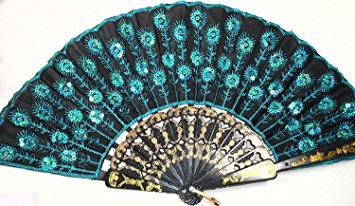Peacock Pattern Sequin Fabric Hand Fan Decorative Fashionable (New Blue)