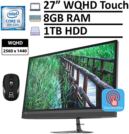 2020 Lenovo IdeaCentre 520-27ICB All-in-one Computer, 27" WQHD (2560x1440) 2K Touchscreen, 8th Gen Intel Core i5-8400T (Beats i7-7700T) 8GB RAM 1TB HDD, DVD-RW Win 10   ePark Mouse