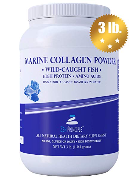 Extra Large 3 lb. Marine Collagen Peptides Powder. Wild-Caught Fish, Non-GMO. Supports Healthy Skin, Hair, Joints and Bones. Hydrolyzed Type 1 & 3 Protein. Amino Acids, Unflavored, Easy to Mix.