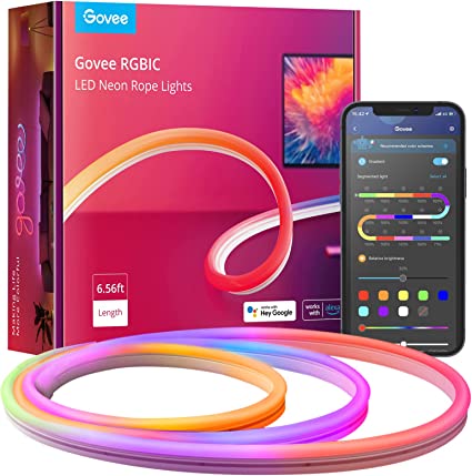 Govee RGBIC Neon Rope Light, 6.56ft LED Rope Lights with Music Sync, DIY Lighting Mode, Works with Alexa and Google Assistant, LED Strip Lights for Bedroom, Gaming Room Decor (Not Support 5G WiFi)