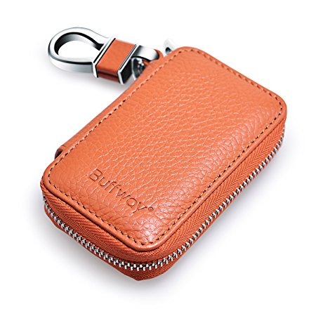 Buffway Car key Chain bag,Genuine Leather Car Smart KeyChain Coin Holder Metal Hook and Keyring Wallet Zipper Case for Auto Remote Key Fob - Brown