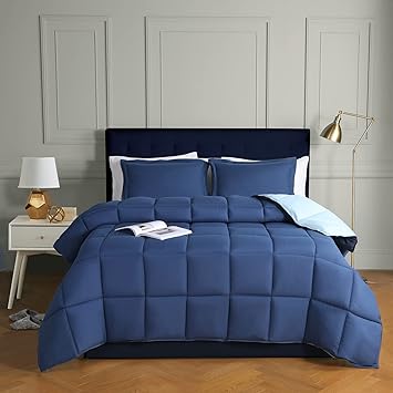 HIG 2 Piece Navy Coverless Duvet Single 135cm x 200cm - Baffle Box Design - 10.5 Tog Down Alternative Reversible Comforter Set with 1 Sham - Corner Duvet Tabs - Machine Washable, Warm, Soft, Fluffy