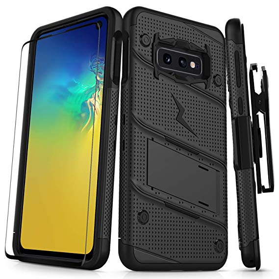 ZIZO Bolt Galaxy S10e Case Heavy-Duty Military Grade Drop Tested Bundle with Tempered Glass Screen Protector Holster and Kickstand Black Black