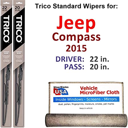 Wiper Blades for 2015 Jeep Compass Driver & Passenger Trico Steel Wipers Set of 2 Bundled with Bonus MicroFiber Interior Car Cloth