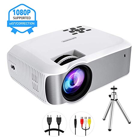 Mini Projector, TOPELEK Video Projector (2019 Upgraded) 1080P Supported with ±45° Vertical Keystone Correction & 3600 Lumens; LED Portable Projector with 3000:1 Contrast Ratio, 200" Display (w/Tripod)