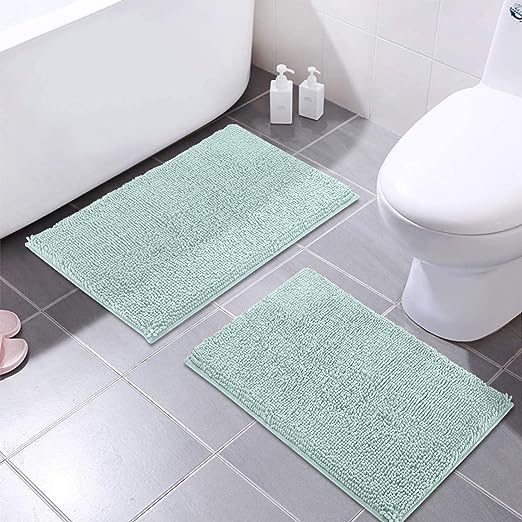 MAYSHINE 2 Pack Bathroom Rug Set | Soft Absorbent Chenille Microfiber Bath Mat | Non Slip PVC Backing, Machine Washable Shower Rug | No More Cold or Wet Feet - Fluffy Shag Carpet, 16x24, Spa Blue