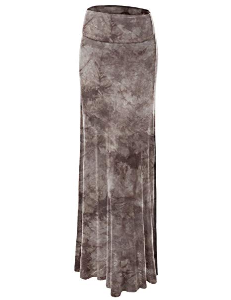 Lock and Love Women's Basic Solid Tie Dye Foldable High Waist Floor Length Maxi Skirt S-3XL Plus Size_Made in U.S.A.