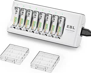 EBL Chargeur de Piles Rechargeables Indépendant AA/AAA Ni-MH, avec 8PCS AAA Piles Rechargeables 800mAh, Kit Chargeur avec AAA Piles Rechargeables