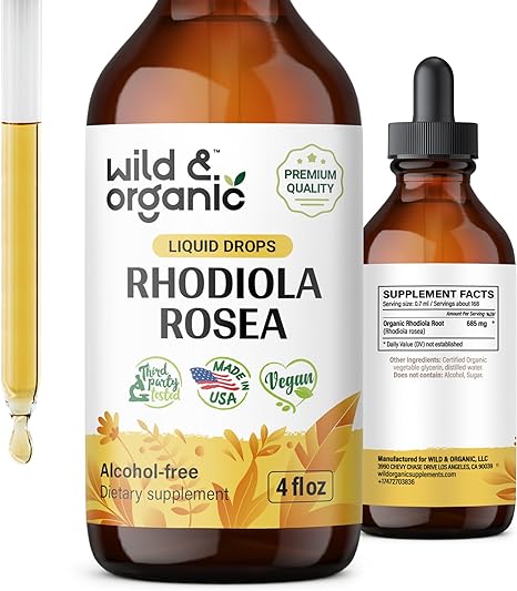 Rhodiola Rosea Tincture - Organic Rhodiola Supplement fot Stress & Mood Support - Rhodiola Root Liquid Extract - Vegan, Alcohol Free Drops - 4 fl oz