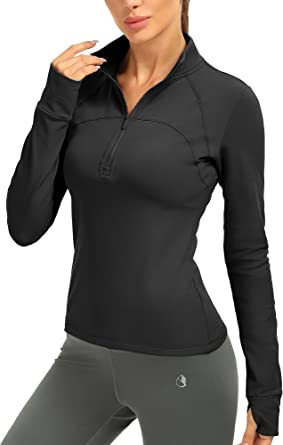 icyzone Fleece Lined Half Zip Pullover for Women with Thumb Holes, Athletic Workout Warm Jackets