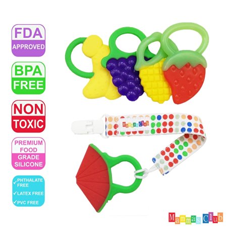 Mammas Club 5 Fruit Baby Teething Toys with Pacifier Clip/ Holder - Non-Toxic, BPA, Latex and Phthalate Free Silicone Teethers- Soothing, Soft, Durable and Freezer Safe