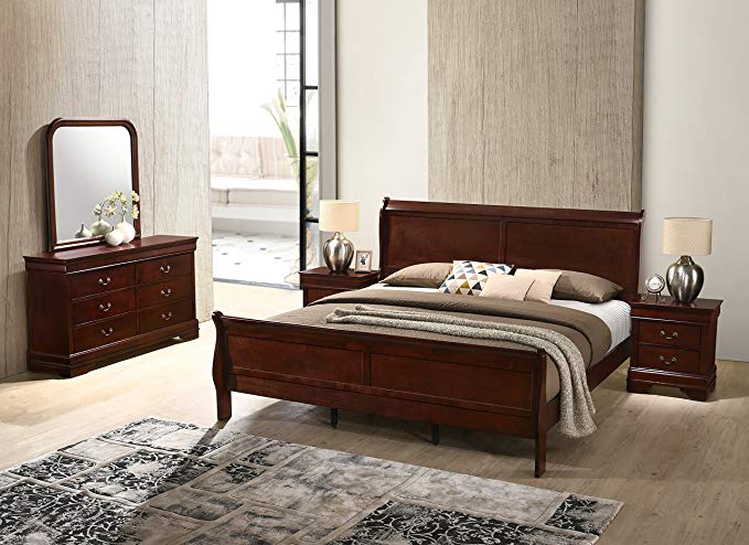 Roundhill Furniture Isola 5-Piece Louis Philippe Style Sleigh Bedroom Set, King Bed, Dresser Mirror and 2 Night Stands, Cherry Finish