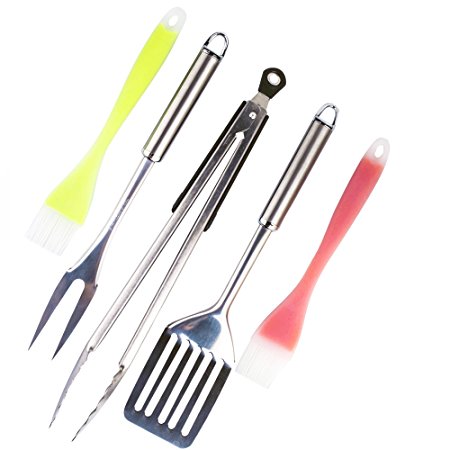 BBQ Grill Tools Set Kitchen Tools Stainless Steel Tongs 14 Inch Spatula 14Inch Fork 13 Inch Silicone Brush 10 Inch , Set of 5