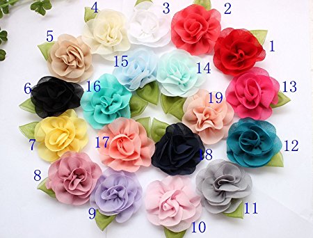 Mixed Colors Flat-bottomed Beautiful Bohemian Style DIY Handmade Decorative Chiffon Flowers for Hair Clips, Scrapbooking and More Decoration,Wedding Flowers (Flower with green leaf) 20Pcs