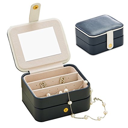 Jewelry Organizer Box-Nasion.V Travel Portable Jewelry Storage Case Accessories Holder Pouch Bulit-in Mirror with Environmental Faux Leather for Earring,Lipstick,Necklace,Bracelet,Rings Navy Blue
