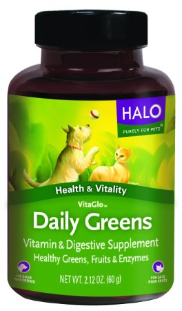 Halo Vita Glo Daily Greens Natural Multi-vitamin and Mineral Supplement for Cats and Dogs, 100 tabs