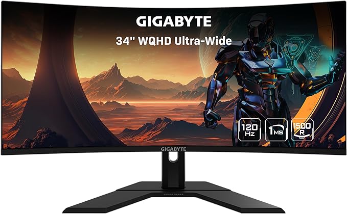 GIGABYTE GS34WQC 34" 120Hz 1440P Curved Gaming Monitor, 3440x1440 VA 1500R Display, 1ms (MPRT) Response Time, HDR Ready, FreeSync Premium, 1x Display Port 1.4, 2X HDMI 2.0,Black