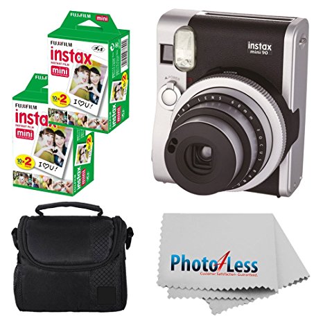 Fujifilm INSTAX Mini 90 Neo Classic Instant Camera (Black) With 2x Fujifilm Instax Mini 20 Pack Instant Film (40 Shots)   Compact Camera Case   Cleaning Cloth - International Version (No Warranty)