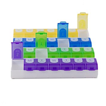 Ezy Dose "Easy Fill" 7 Day Pill Reminders and Organizers - Entire Bottoms Open Up for Quick Convenient Filling of Weekly Medications (4x/Day)