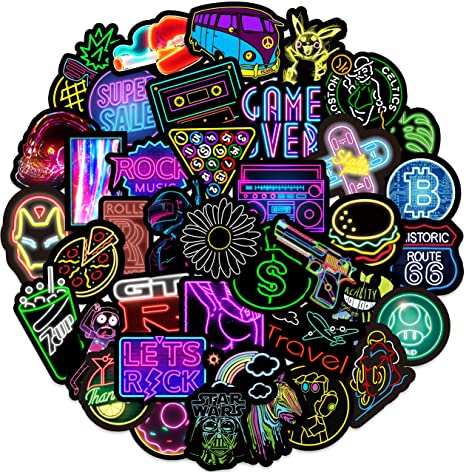 50 PCS Cool Neon Style Stickers for Laptop Vinyl Stickers Pack Decals for Waterbottle Moto Bicycle Skateboard Luggage Hydro Flask Decal Graffiti Phone Stickers for Adults Teens