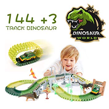 Tracks Toys for Kids ,144pcs Dinosaur Race Track Car Toys for 3-12 Year Old Boys and Girls , Flexible Trains Tracks Playset Gifts Toy with Dinosaur World Road for Kids Birthday
