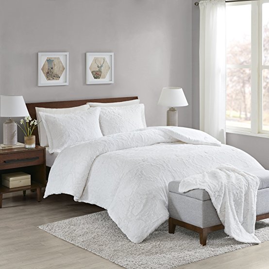 Comfort Spaces - Odessa Comforter Set  Long Fur Throw Combo - 4 Piece - Ivory - Snugly Warm and Ultra Soft - King Size, Includes 1 Comforter, 2 Shams