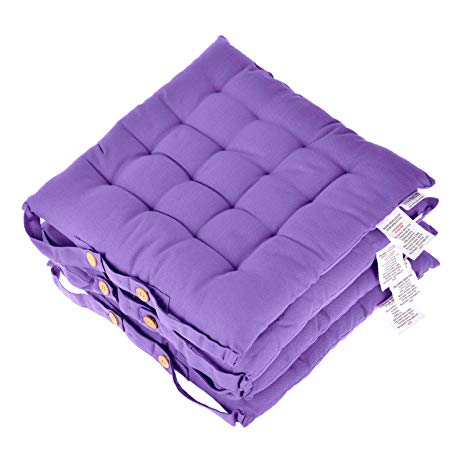 Homescapes Purple Seat Pads for Dining Chair, Set of 4 100% Cotton Chair Pads with Straps, 40x40 cm