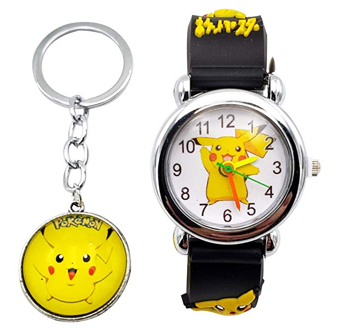 Pokemon Kids Watch Pikachu Watch and Matching Keychain, Silicone Wristwatch Gift Set for Kids, Boys or Girls (Black Key)