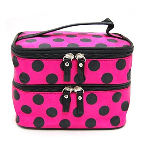 DEDC Double Layer Cosmetic Bag Rose Red with Black Dot Travel Toiletry Cosmetic Makeup Bag Organizer With Mirror