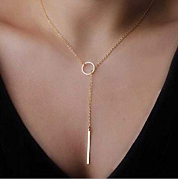 Aukmla Gold Y Lariat Chain Circle Bar Necklace Jewelry Choker for Women and Girls (Gold)