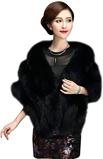 Elfjoy Luxury Faux Fox Fur Long Shawl Cloak Cape Wedding Dress Party Coat for Winter