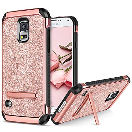 BENTOBEN Phone Case for Samsung Galaxy S5, Kickstand Protective Glitter Bling Phone Cases 2 In 1 Hard PC Soft TPU Shockproof Cover with Luxury Sparkly Shiny Faux Leather for Girls, Women - Rose Gold