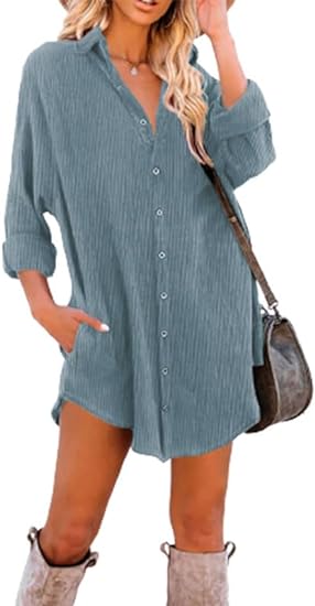 Dokotoo Women's Corduroy Long Sleeve Button Down Shirts Tunic Dresses with Pockets