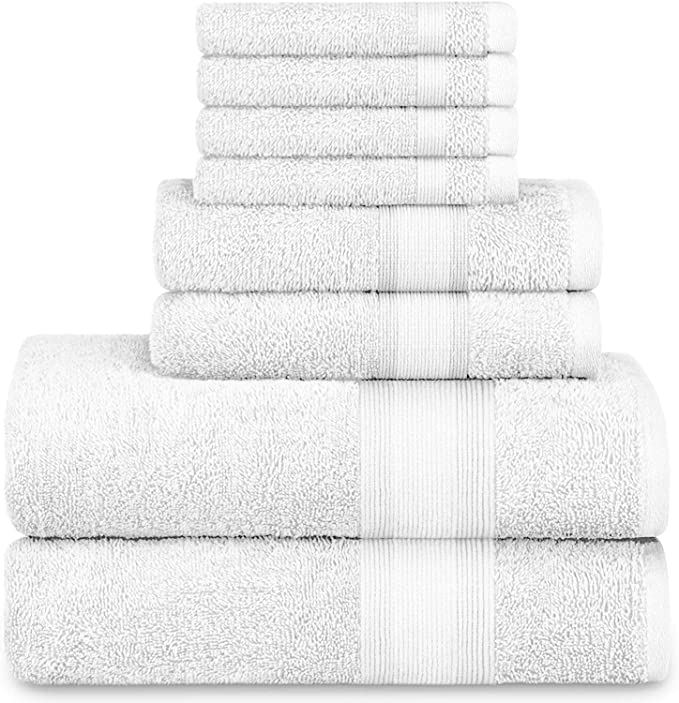 Adobella 8-Piece Bath Towel Set, Premium Combed Cotton, Highly Absorbent, Super Soft, Quick Dry, 2 Bath Towels, 2 Hand Towels and 4 Washcloths, White (Set of 8)