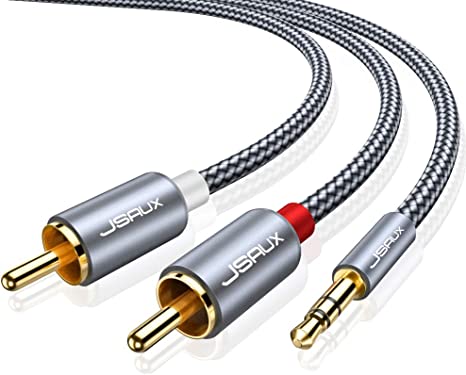 JSAUX 2Pack RCA to 3.5mm Cable,【6.6ft 6.6ft】 Aux to RCA Headphone Male to Male Jack Adapter Nylon Braided 1/8 to RCA Audio Y Cord for Smartphones, MP3, Tablets, Speakers, HDTV -Grey