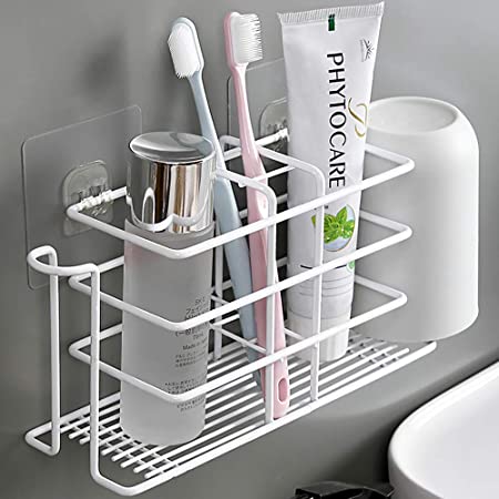 Toothbrush Holder for Bathroom Storage Organizer Electric Toothbrush and Toothpaste Holder Stand with Hanging Adhesive Wall Mount Shower Shelf Accessories can Put 2 Toothbrush Holder Cup - White